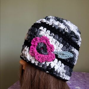Black & White Crochet Beanie with burgundy Flower medium acrylic